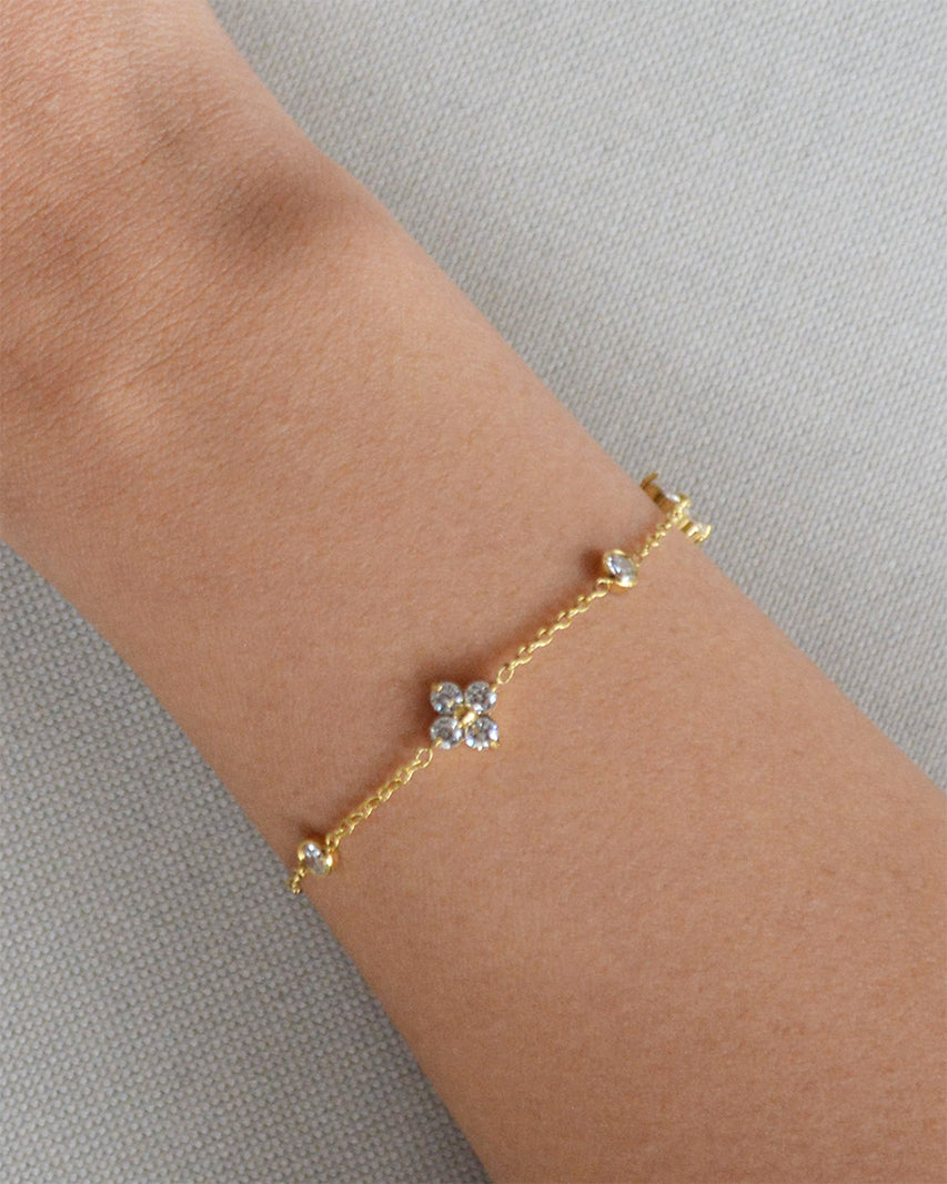Model wearing the Lilly Zircon Bracelet, waterproof gold design with sparkling zircon stones
