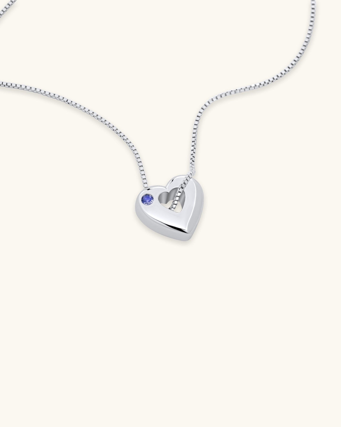 Close-up of December Tanzanite Heart Pendant Necklace – White Gold Vermeil