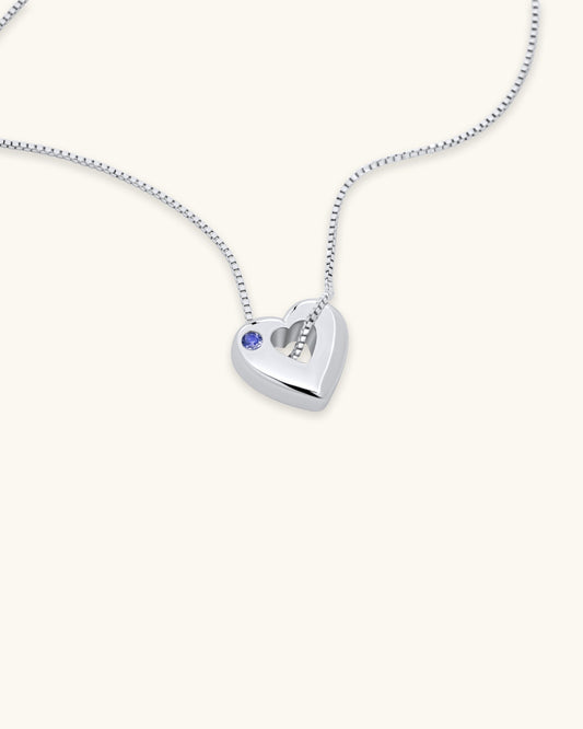 Close-up of December Tanzanite Heart Pendant Necklace – White Gold Vermeil