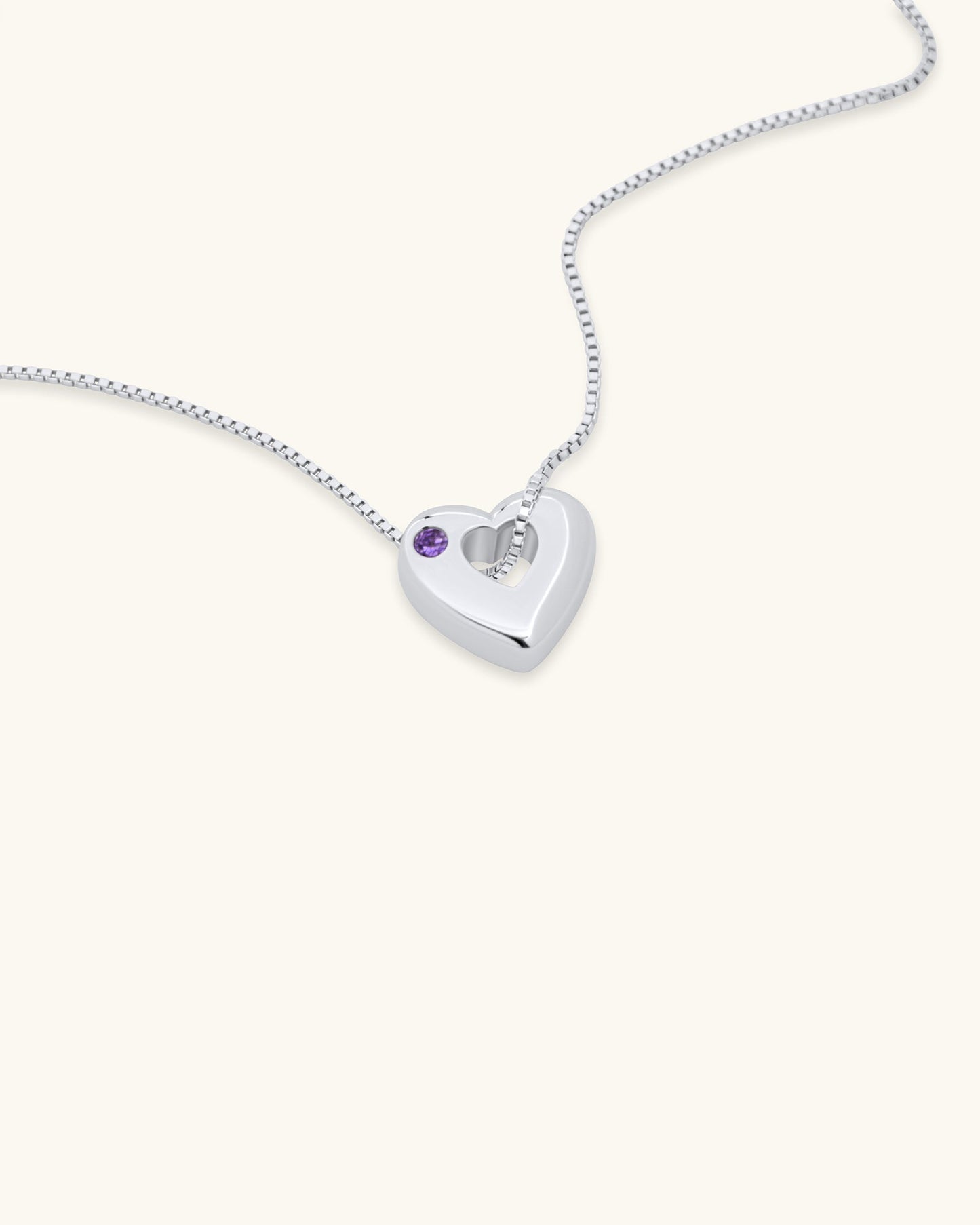 Close-up of February Amethyst Heart Pendant Necklace – White Gold Vermeil