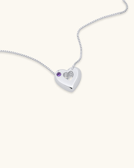 Close-up of February Amethyst Heart Pendant Necklace – White Gold Vermeil
